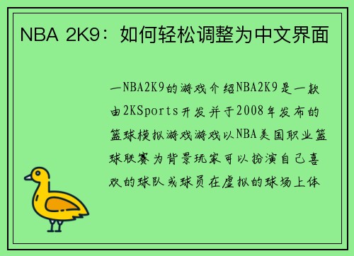 NBA 2K9：如何轻松调整为中文界面