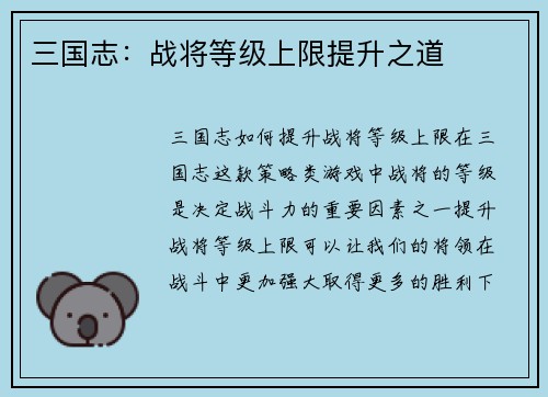 三国志：战将等级上限提升之道